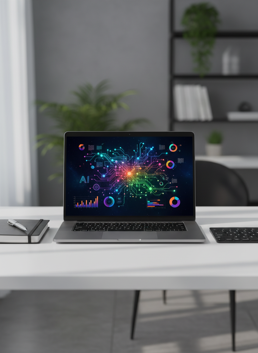 A sleek, silver laptop open on a clean white desk, its screen displaying a vibrant, detailed dashboard of interconnected AI neural network diagrams and colorful data visualizations. Around the laptop lie a matte-black notebook, a pen, and a minimalist wireless keyboard, all arranged with intentional symmetry. Soft, diffused daylight streams in from an unseen window to the left, casting gentle, natural shadows and subtle reflections on the desk’s smooth surface. The background fades into a softly blurred, modern office interior with cool gray tones. Photographic realism, shot at eye level with a shallow depth of field, creates a calm, professional, and focused atmosphere, perfect for an AI learning and insights blog hero image.