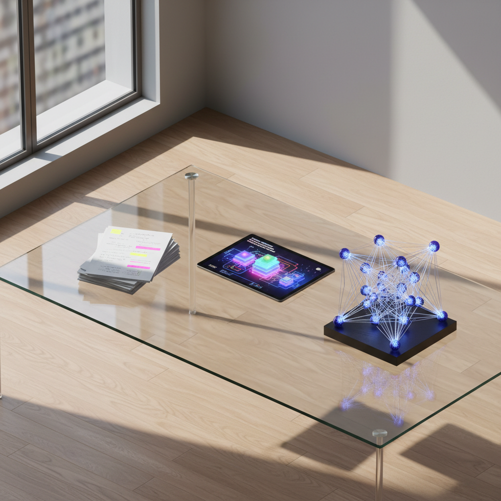 An isometric view of a large, pristine glass table covered with neatly arranged AI research artifacts: printed white papers with highlighted equations, a tablet showing a colorful transformer architecture diagram, and a transparent acrylic model of a neural network with illuminated nodes. The table sits in a bright, modern workspace with light oak flooring and a soft gray wall in the background. Natural afternoon light floods in from a broad window, casting long, gentle shadows and creating faint reflections on the glass surface. Photographic realism with a slightly elevated perspective and sharp focus throughout presents a clean, organized, and intellectually engaging atmosphere suited to in-depth AI analysis and trends.
