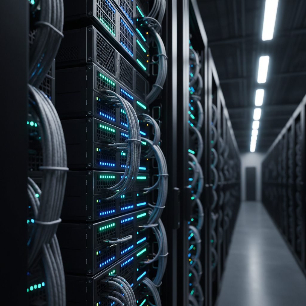 A close-up of a polished black server rack filled with glowing AI accelerator hardware, each unit lined with tiny LED indicators in cool blues and greens. Thick, neatly organized cables with braided textures run along the sides, creating precise geometric patterns. The environment is a dim, high-tech data center, with other server racks receding into a softly blurred background. Directional overhead LED lighting casts a clean, cool-toned illumination, creating crisp highlights on metal edges and subtle reflections on glossy surfaces. Photographic realism, captured from a slightly low angle to emphasize scale and power, conveys a mood of cutting-edge innovation, reliability, and computational strength.